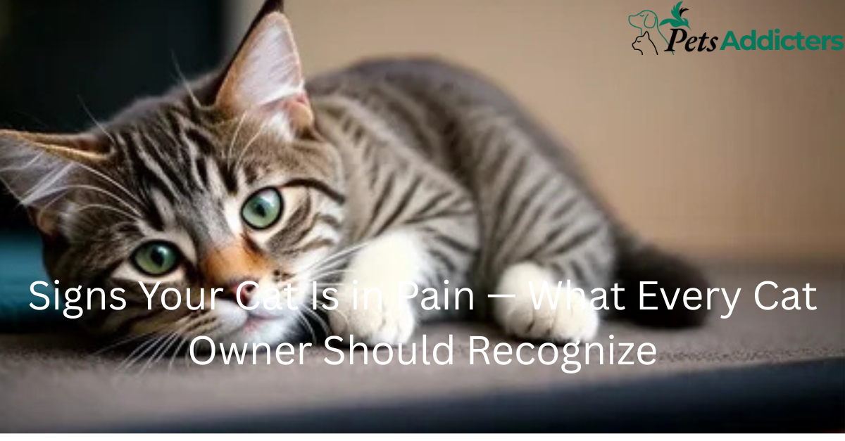 Cat looking sad and hunched showing signs of pain