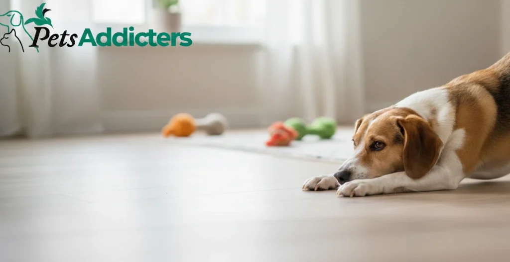 Labrador in dog praying position on exam table – dog praying position