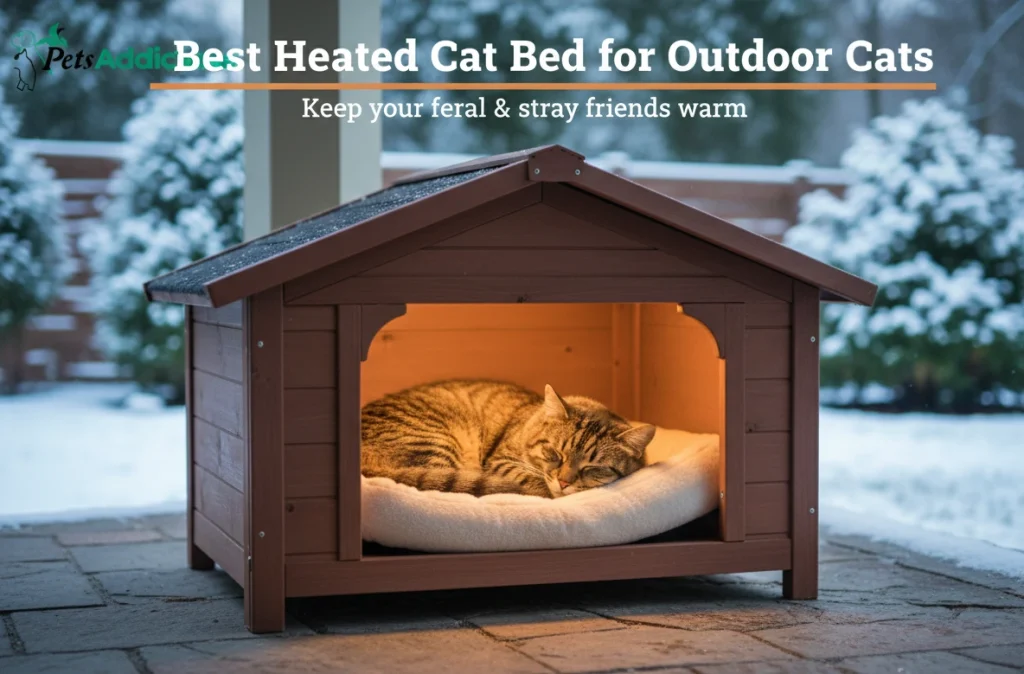best heated cat bed for outdoor cats 2025 – K&H house in snow with feral cats