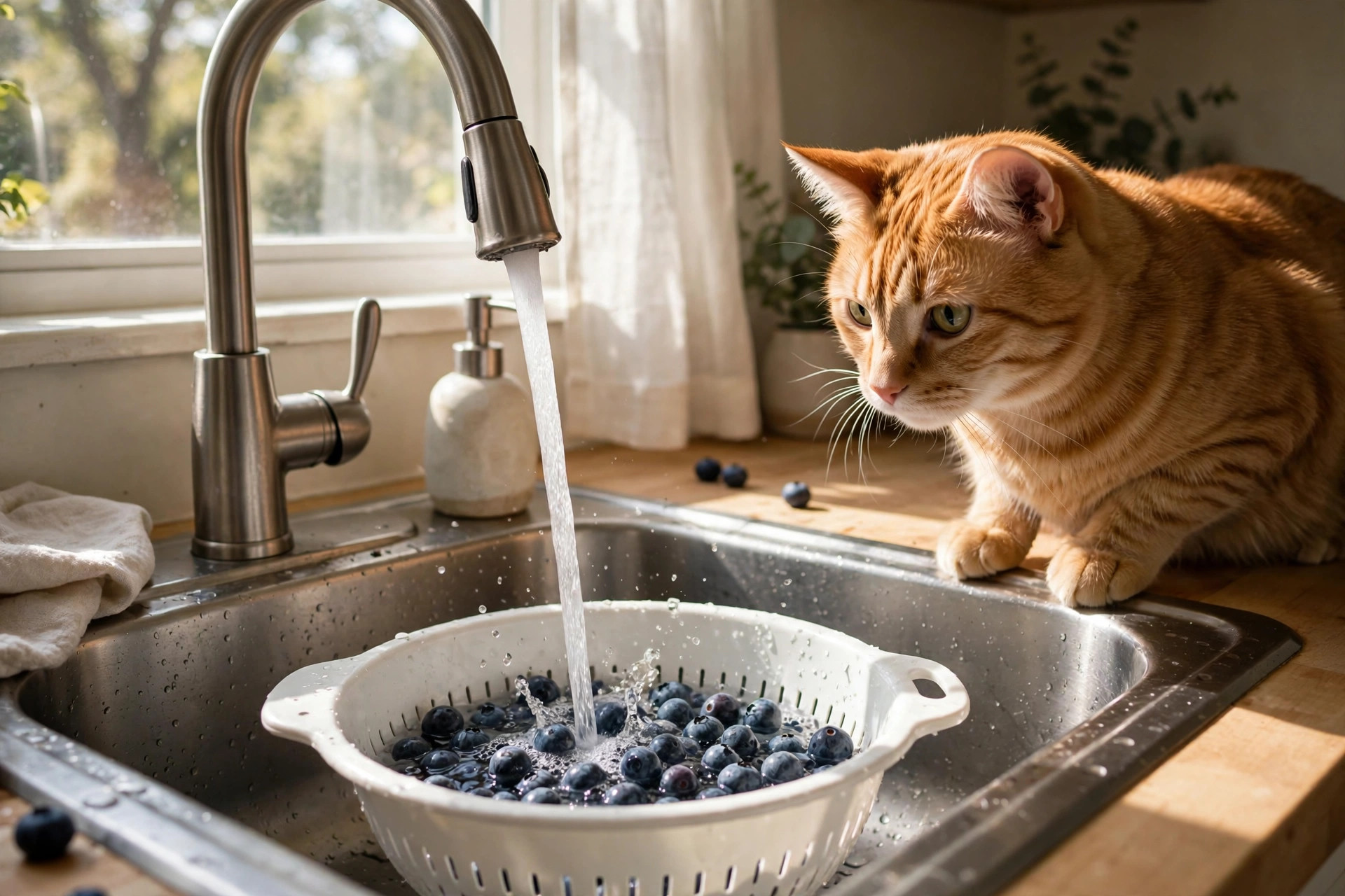 Orange tabby cat watching fresh blueberries being rinsed in a colander before serving