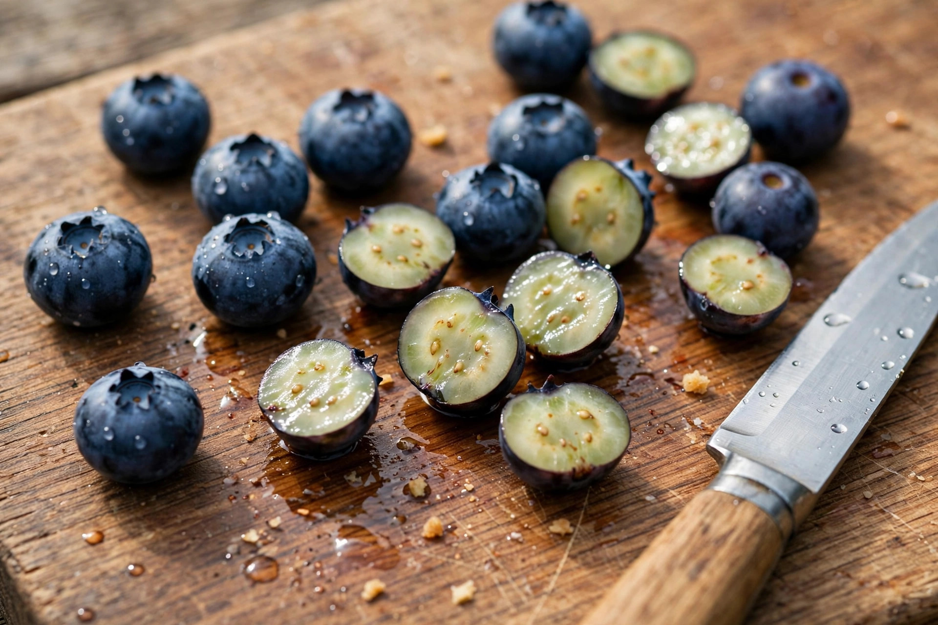 Fresh blueberries cut into halves on a wooden cutting board, prepared safely for cats