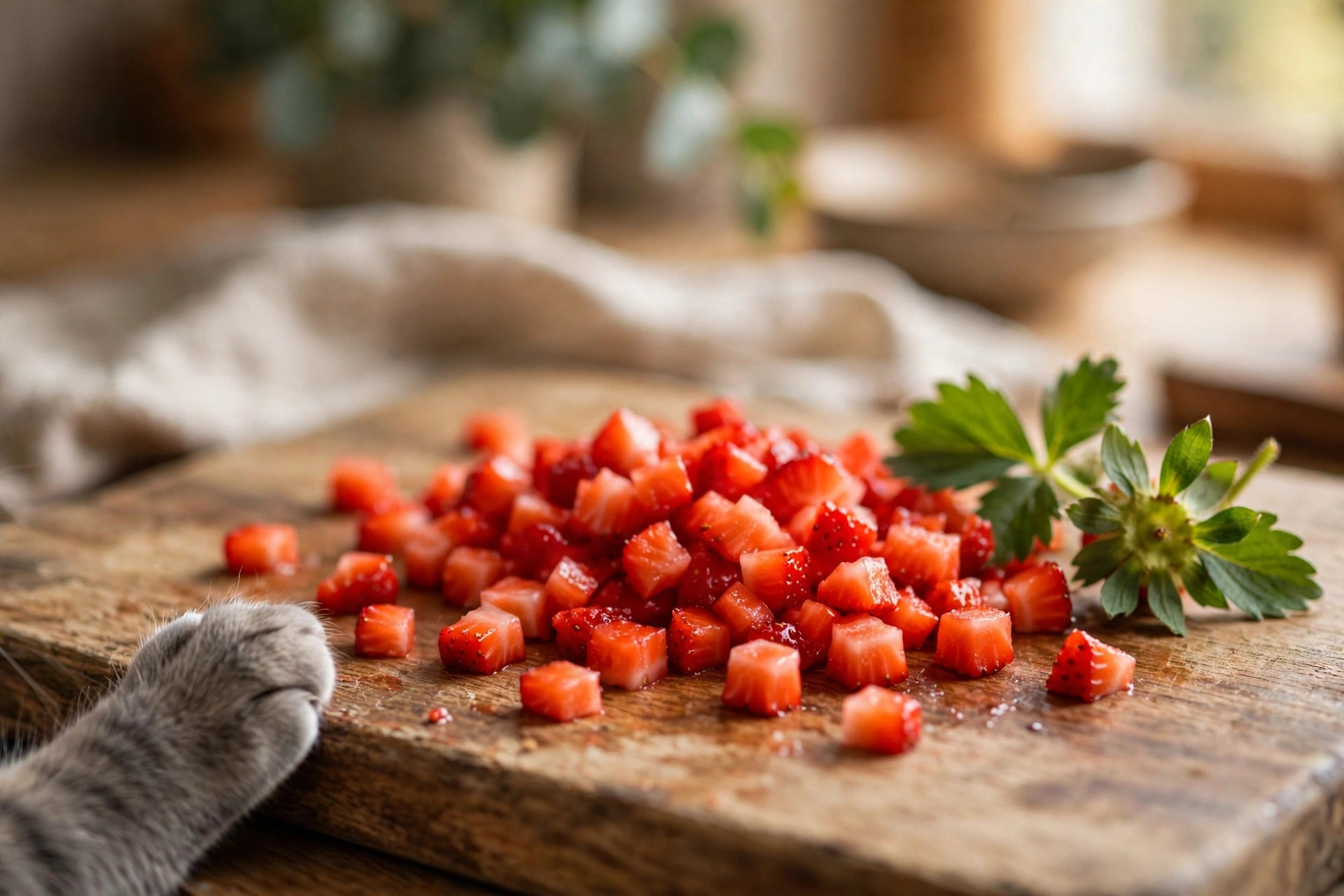 Strawberries with leafy tops removed and cut into small pieces for safe cat serving