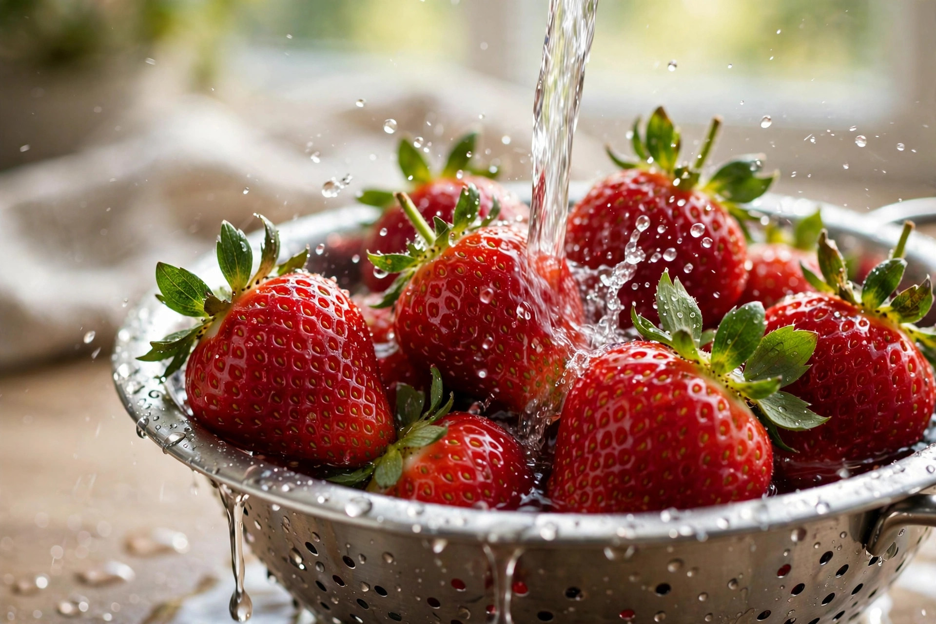 Fresh red strawberries with green leafy tops being rinsed under clean running water in a kitchen colander