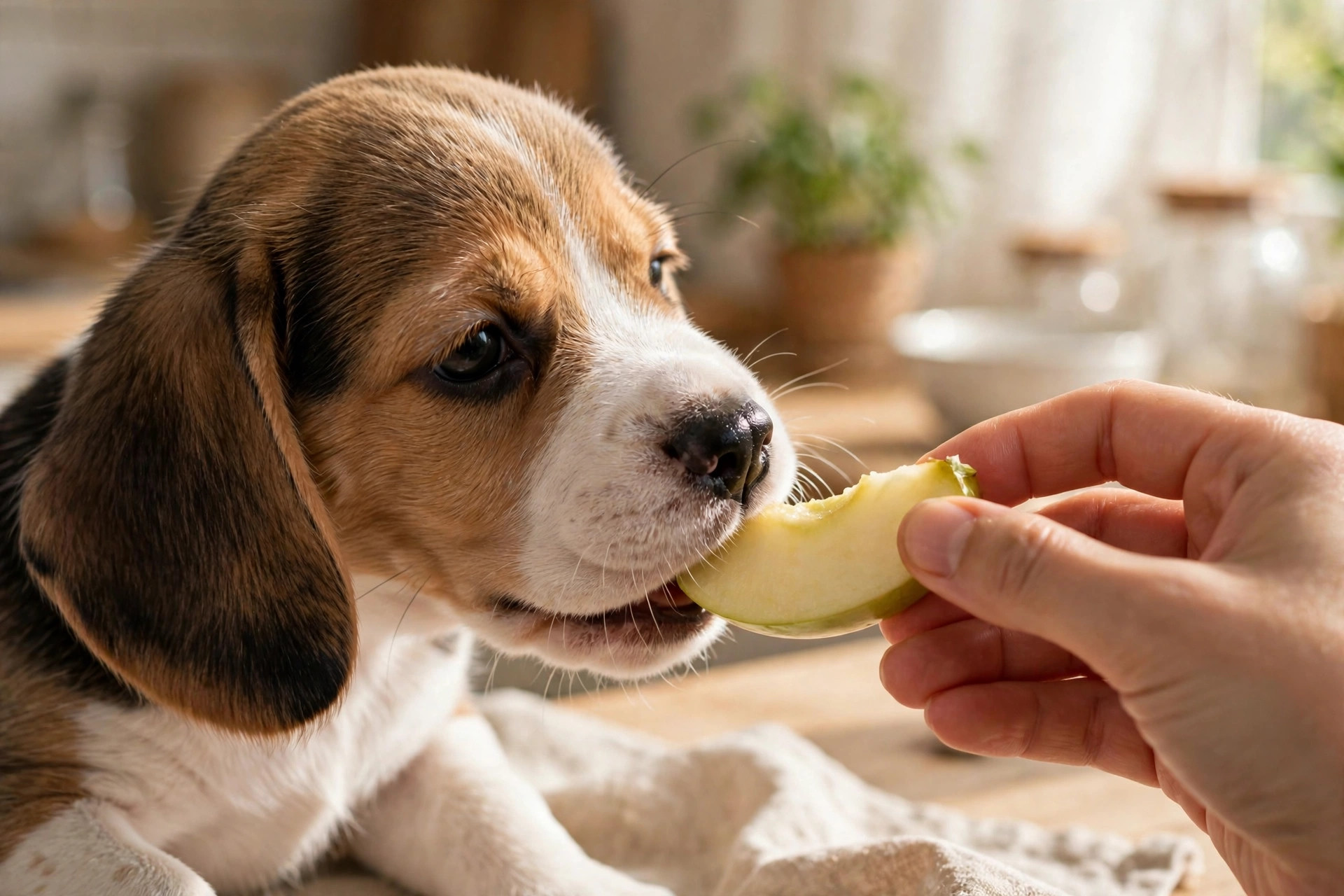 Beagle puppy taking a fresh apple slice from a hand as a healthy dog treat