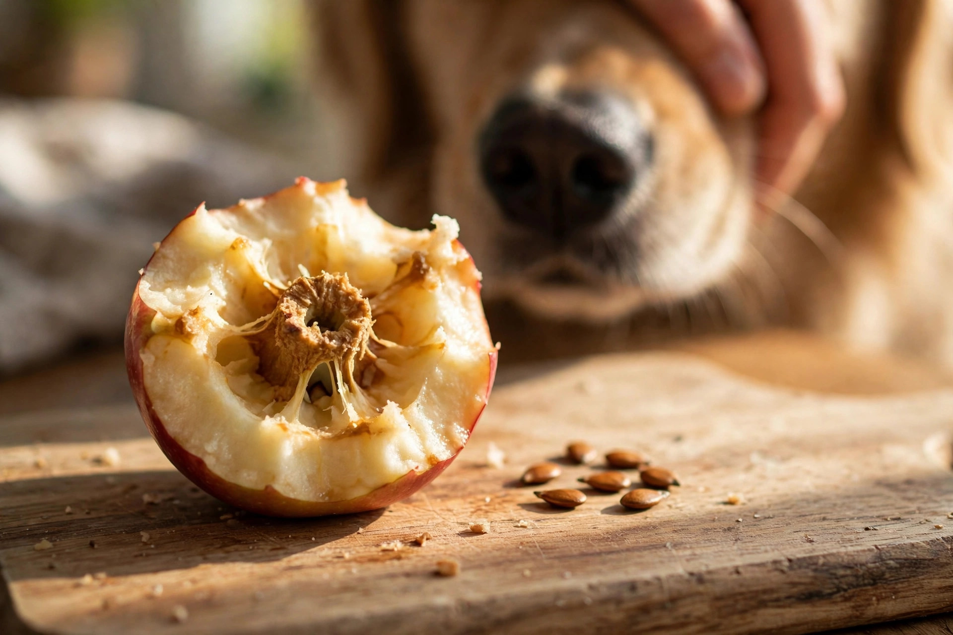 Apple core with seeds removed on a cutting board — apple seeds and cores dogs must never eat