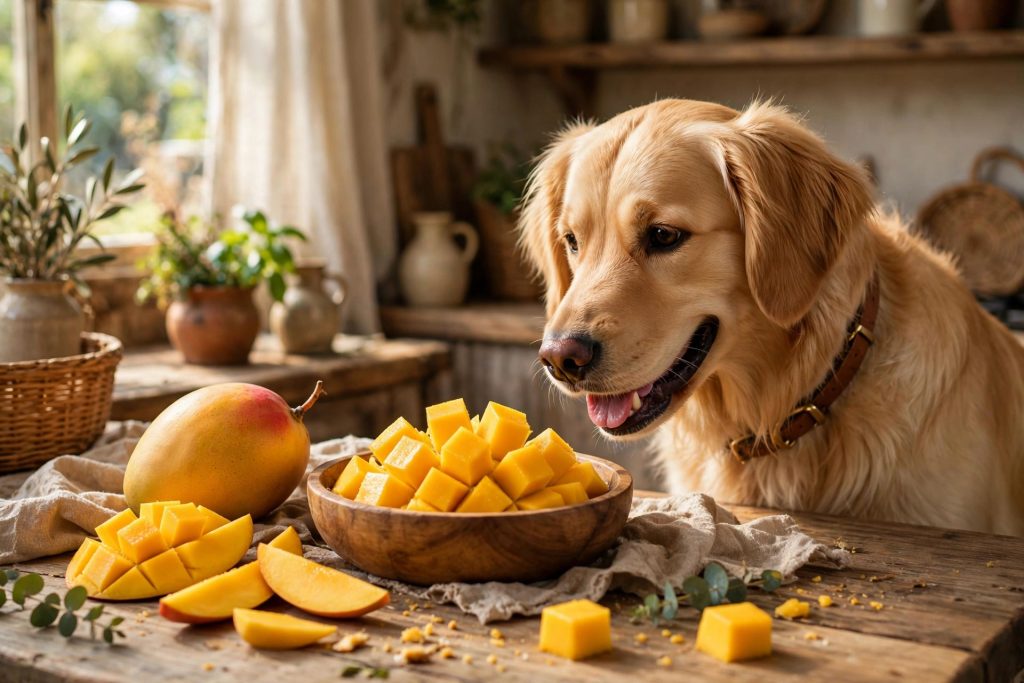 Golden retriever sniffing a bowl of fresh mango cubes that are safe for dogs