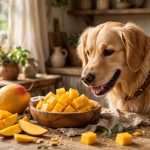 Golden retriever sniffing a bowl of fresh mango cubes that are safe for dogs