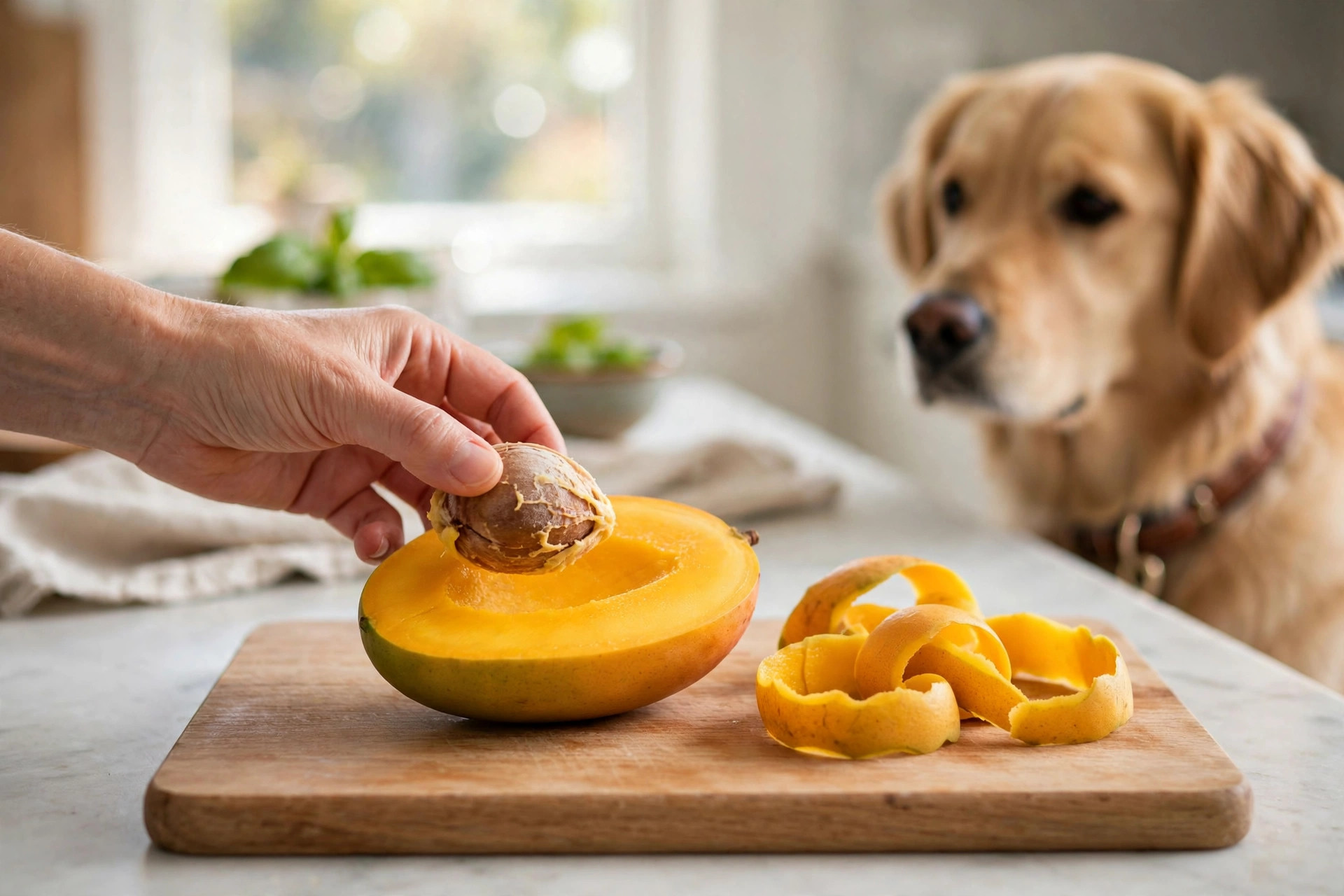 A mango pit being removed from the fruit because mango pits are dangerous for dogs