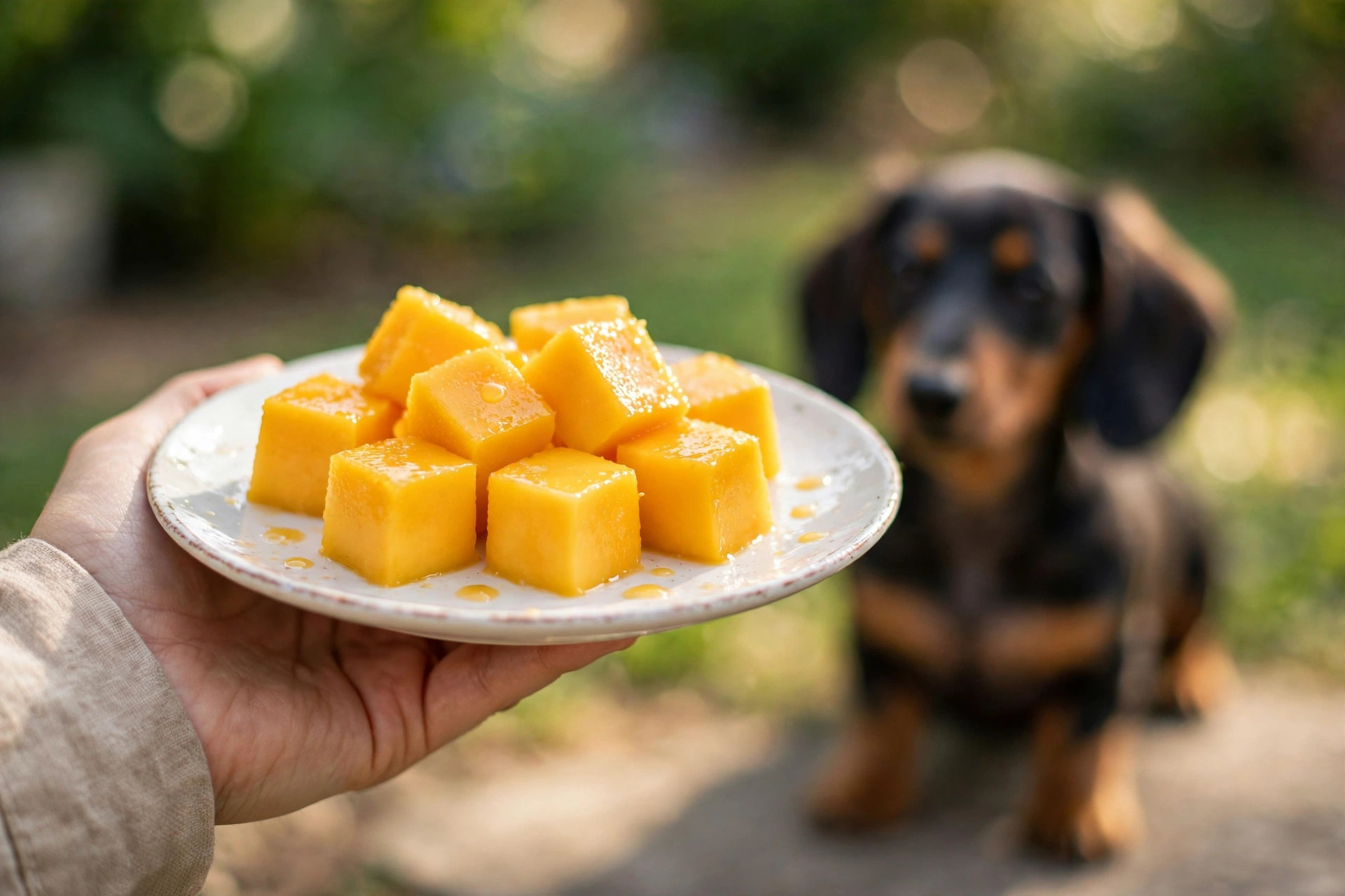 Small bite-sized mango cubes on a plate for dogs, shown as a safe serving size