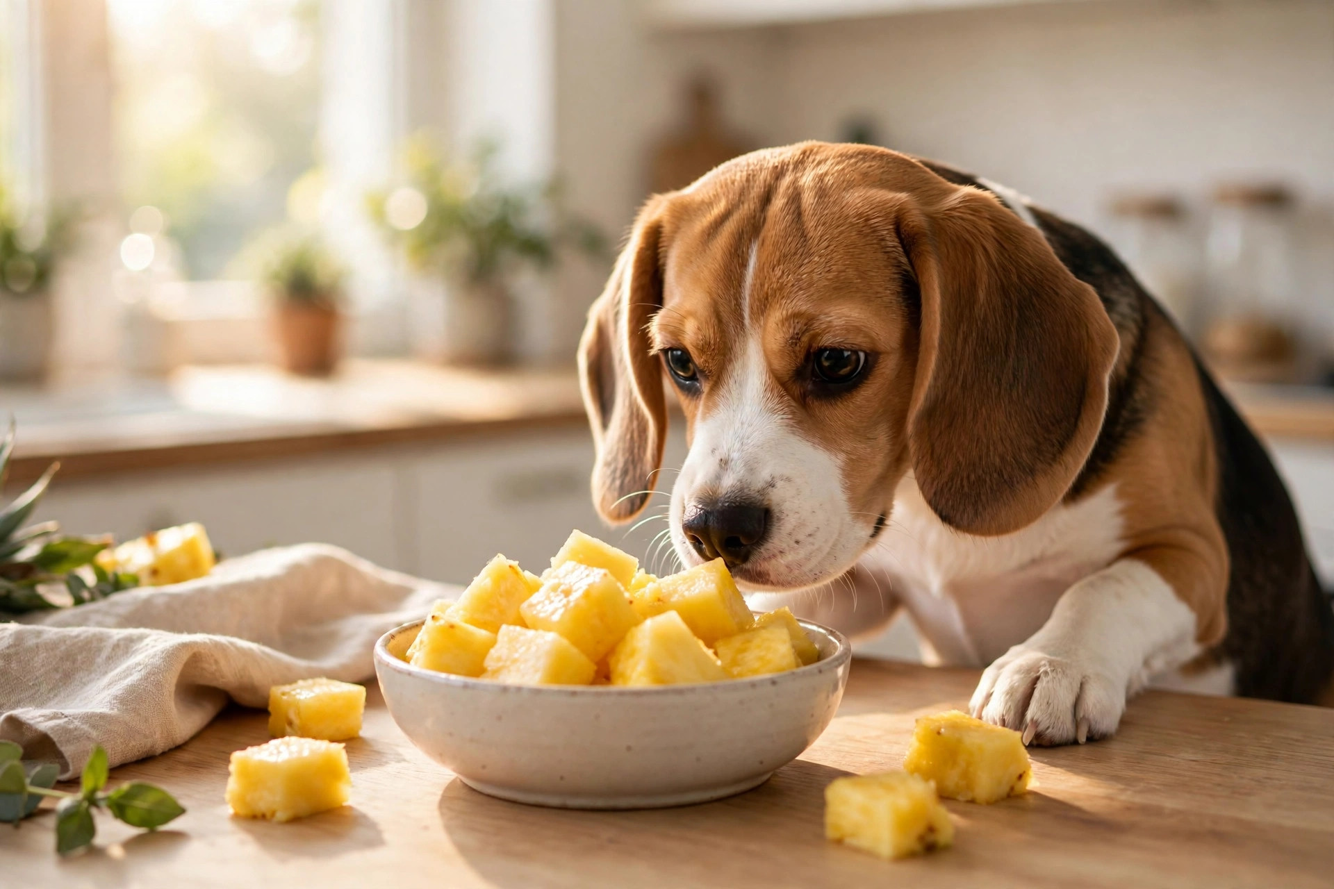Beagle dog sniffing a bowl of fresh pineapple chunks that are safe for dogs