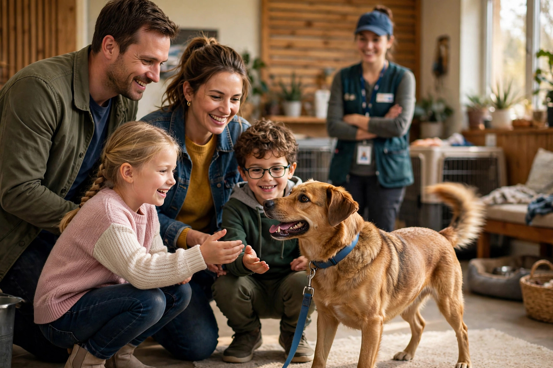 Family meeting a friendly shelter dog on a leash in an animal shelter meet-and-greet area