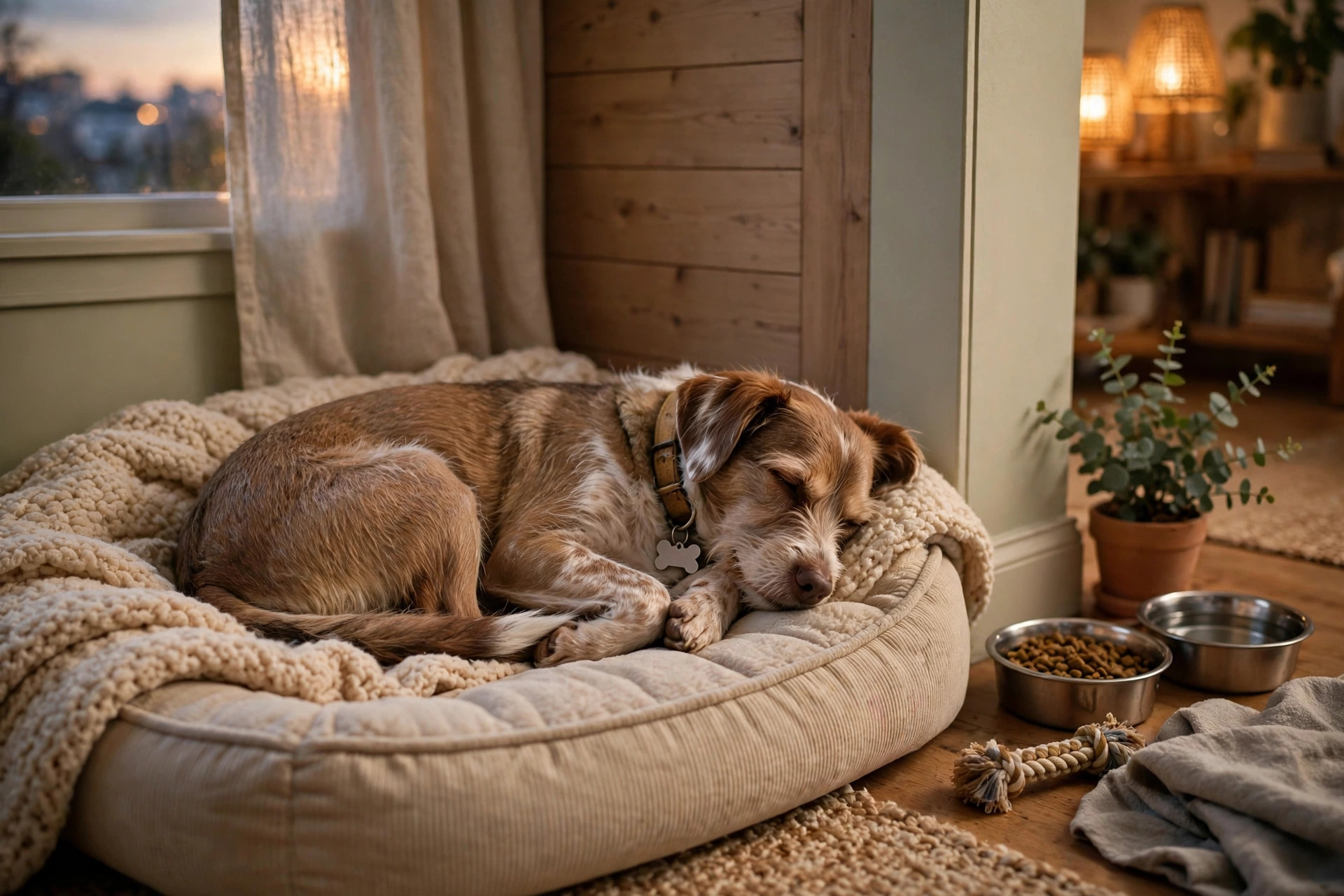 Newly adopted rescue dog curled up on a soft dog bed in a warm living room corner