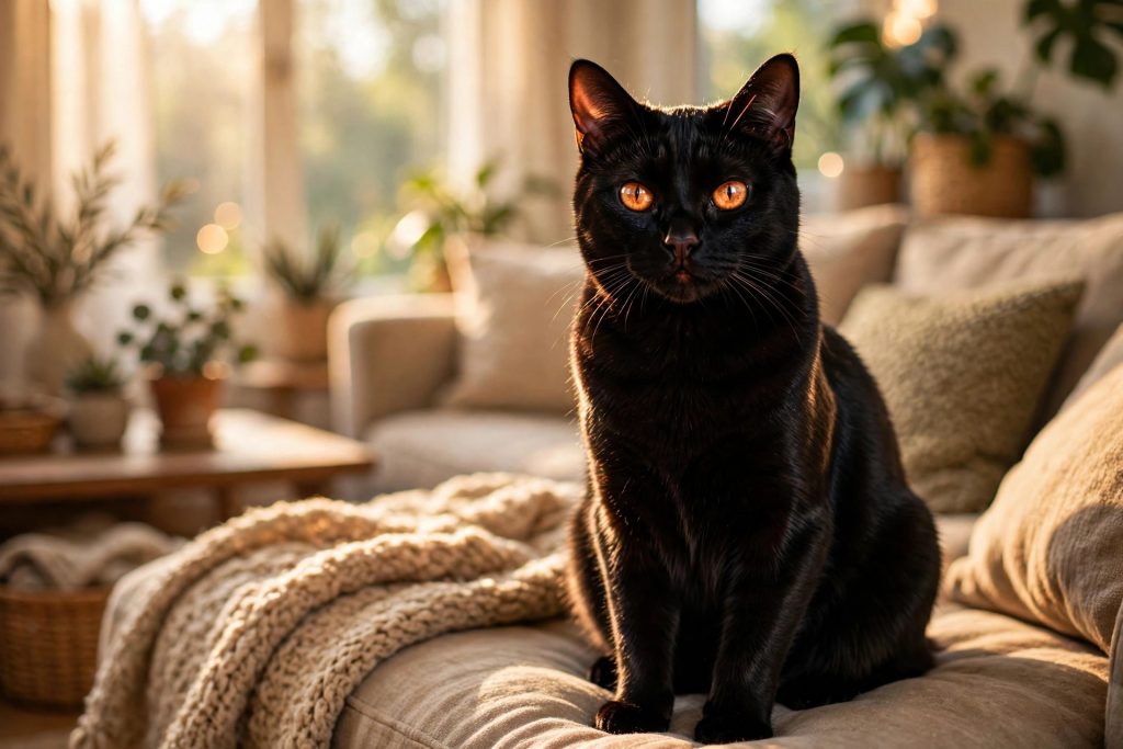Sleek black Bombay cat with copper eyes sitting on a sofa