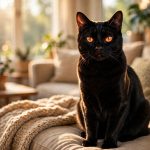Sleek black Bombay cat with copper eyes sitting on a sofa
