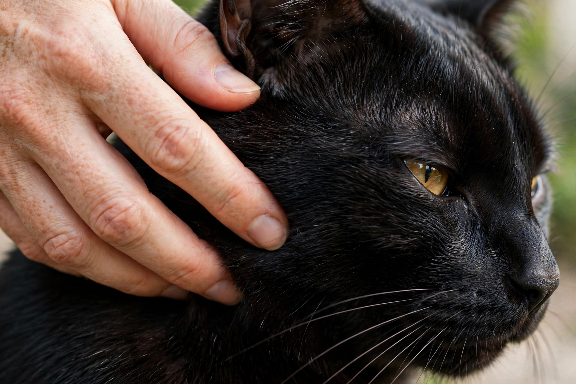 Close-up of a hand stroking a Bombay cat's short sleek black coat