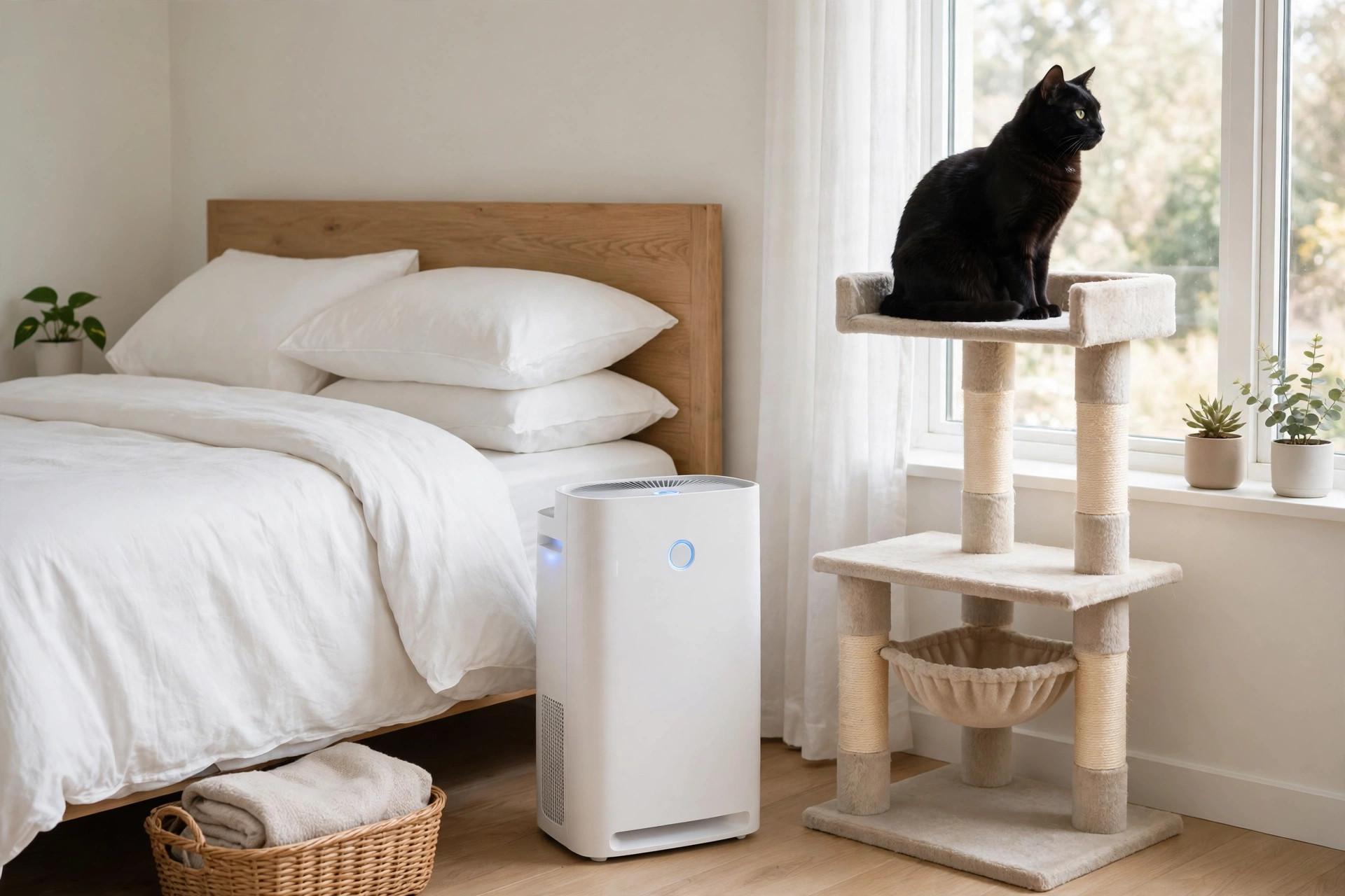 Bedroom with HEPA air purifier and black cat on a cat tree — an allergy-friendly cat setup