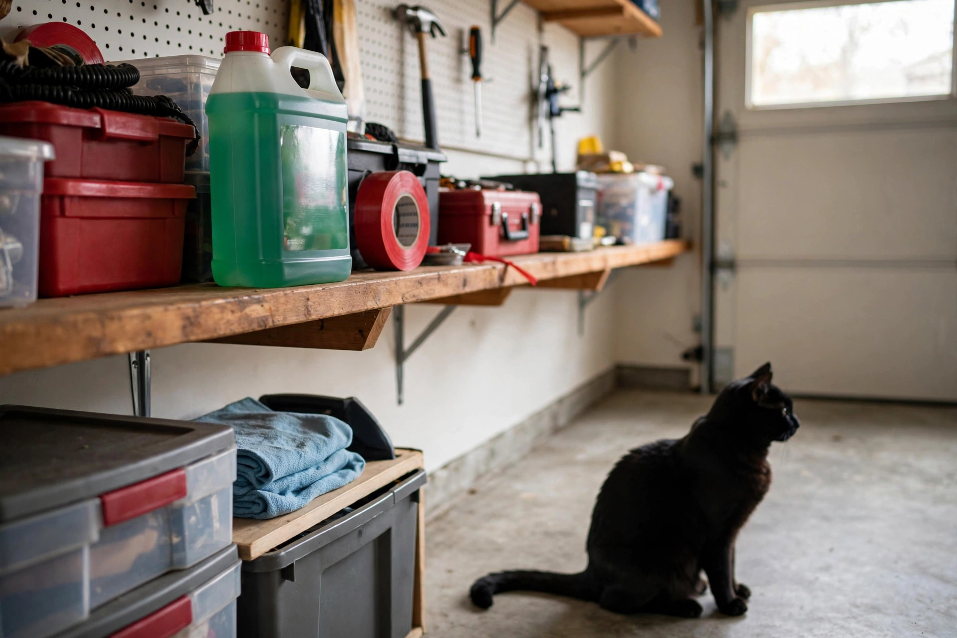 Sealed antifreeze container stored on a high garage shelf away from a black cat