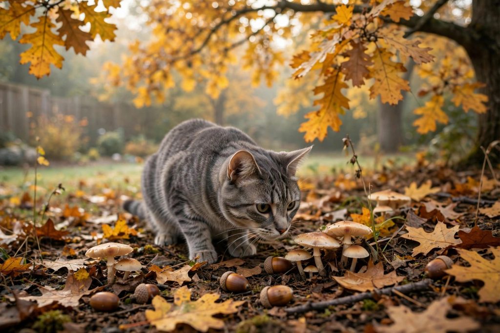 Grey tabby cat sniffing near wild mushrooms and fallen acorns under autumn oak trees