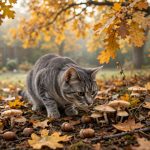 Grey tabby cat sniffing near wild mushrooms and fallen acorns under autumn oak trees