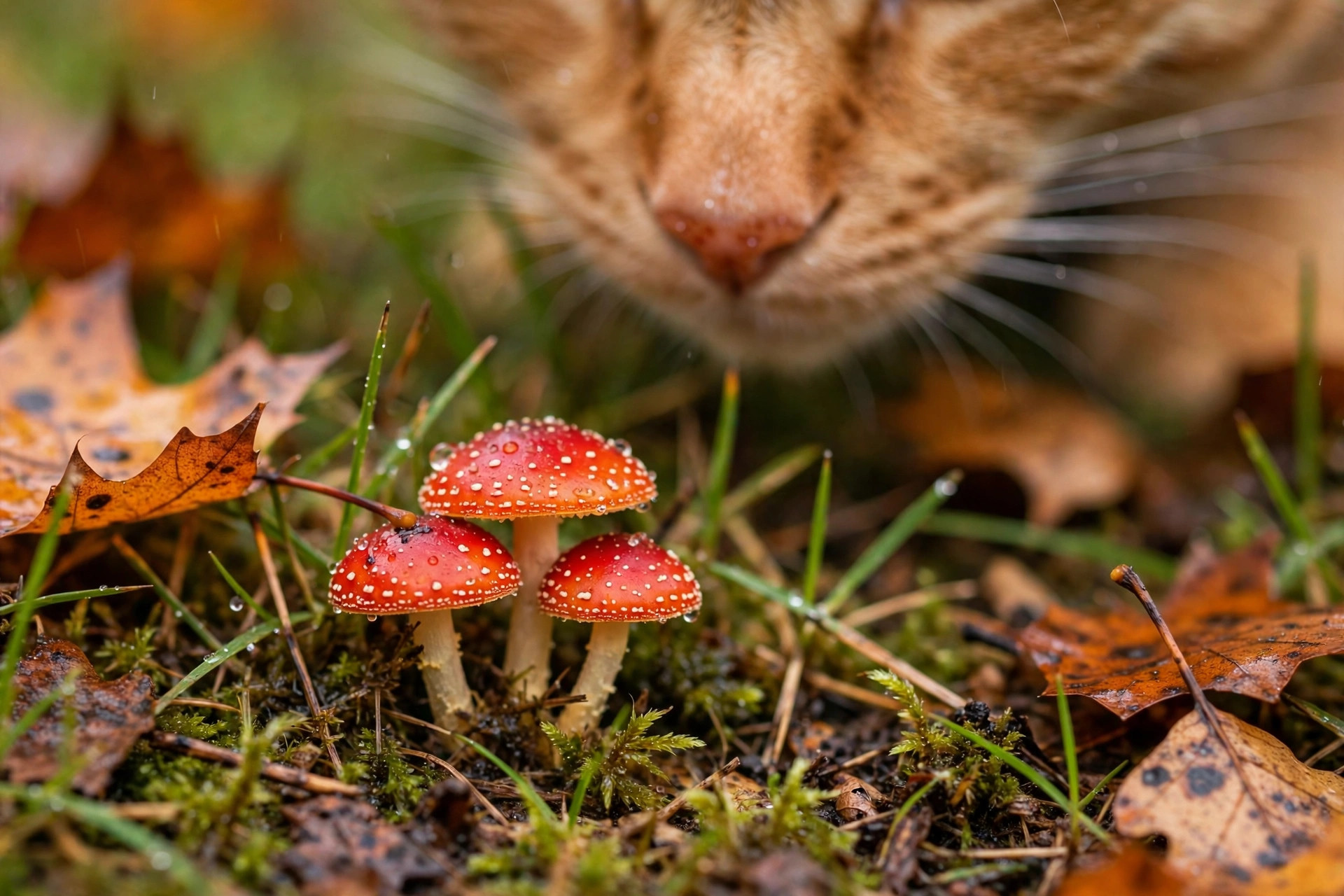 Toadstool mushrooms growing in damp autumn grass that cats should never sniff or eat