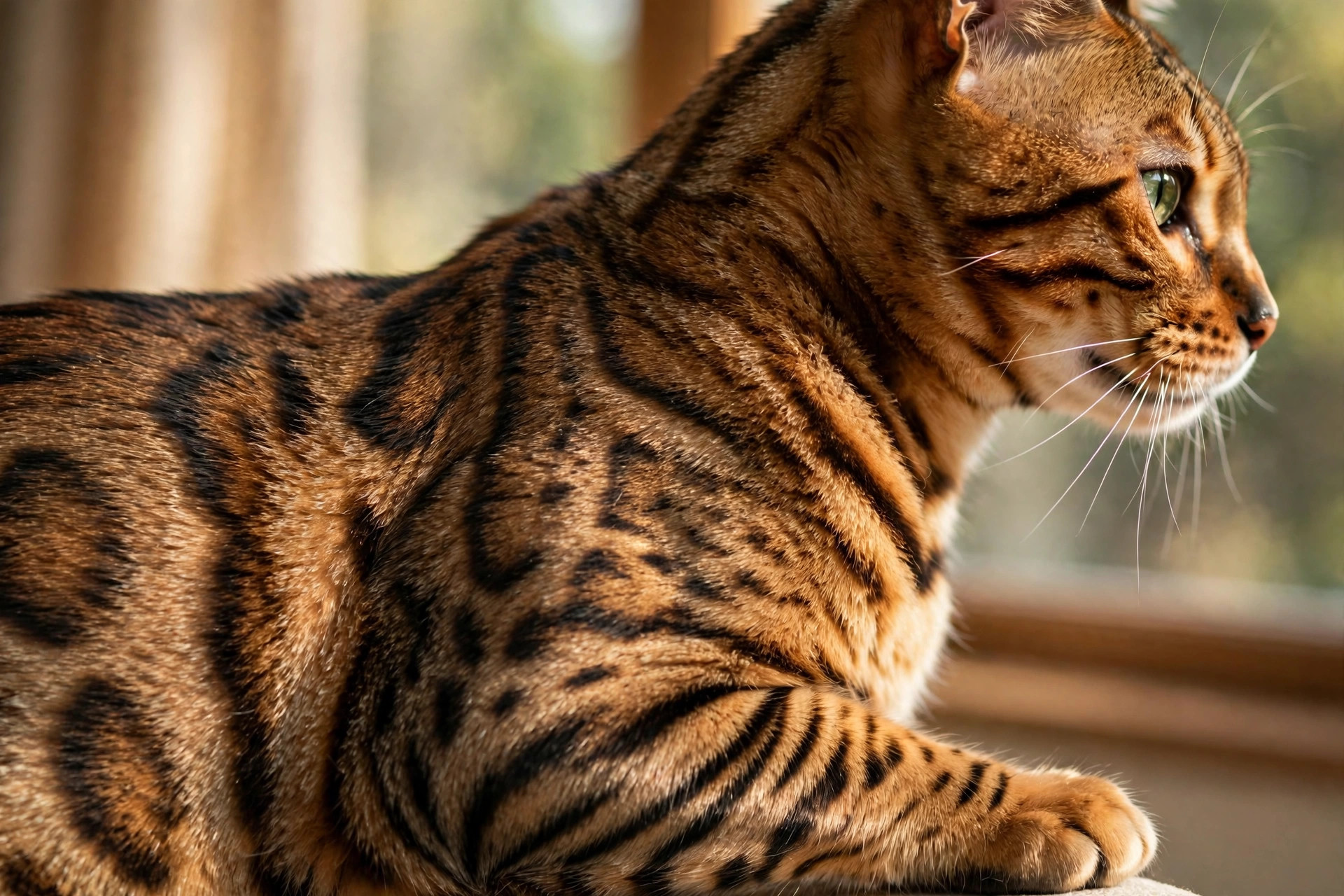 Close-up of a Bengal cat's glittering golden-brown rosette-spotted coat showing its muscular build