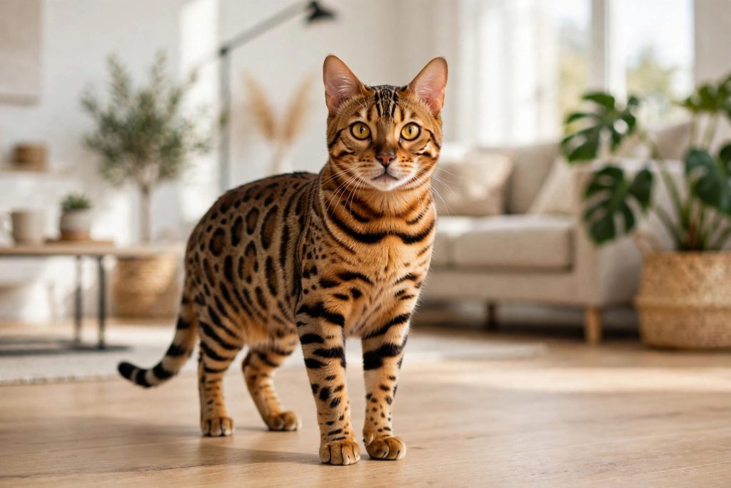 Striking Bengal cat with golden leopard-like rosette spots standing in a bright living room