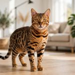 Striking Bengal cat with golden leopard-like rosette spots standing in a bright living room
