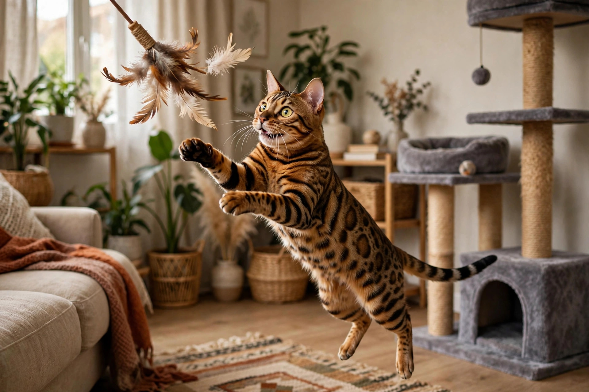 Energetic Bengal cat mid-leap playing with a feather wand toy in a living room with a cat tree