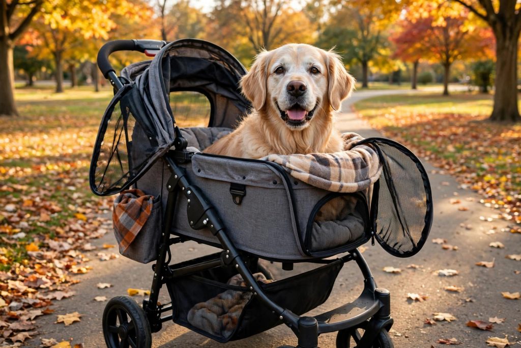 Senior golden retriever sitting in a pet stroller on an autumn park path
