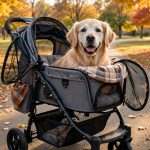 Senior golden retriever sitting in a pet stroller on an autumn park path