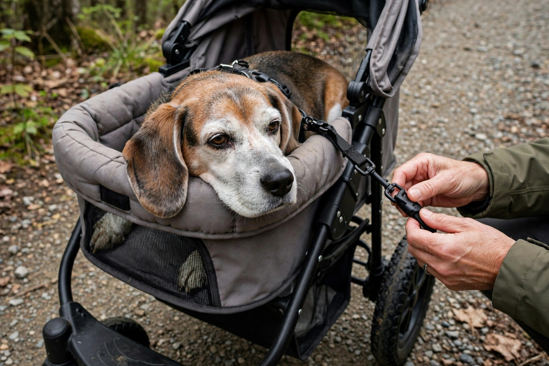 Senior beagle resting comfortably in a pet stroller while owner fastens the safety tether