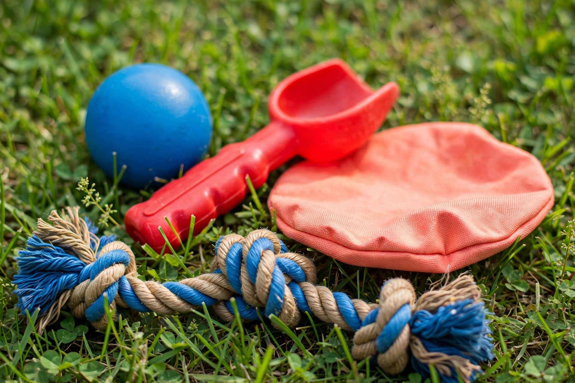 Best fetch toys for dogs laid out on grass: rubber ball, ball launcher, frisbee disc and rope tug toy
