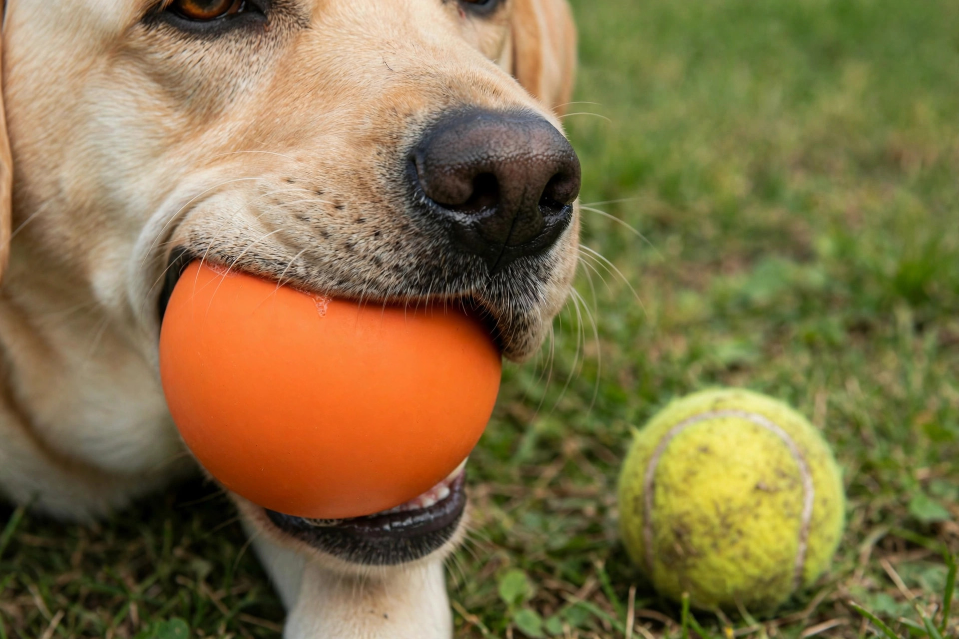 Dog holding a smooth rubber fetch ball in its mouth with a worn tennis ball left on the grass