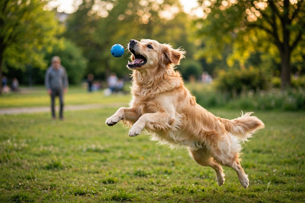 Golden retriever catching a blue rubber fetch ball in a sunny park