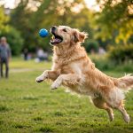 Golden retriever catching a blue rubber fetch ball in a sunny park