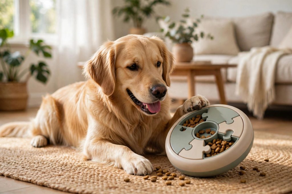 Golden retriever playing with an interactive sliding puzzle dog toy in a living room