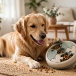 Golden retriever playing with an interactive sliding puzzle dog toy in a living room