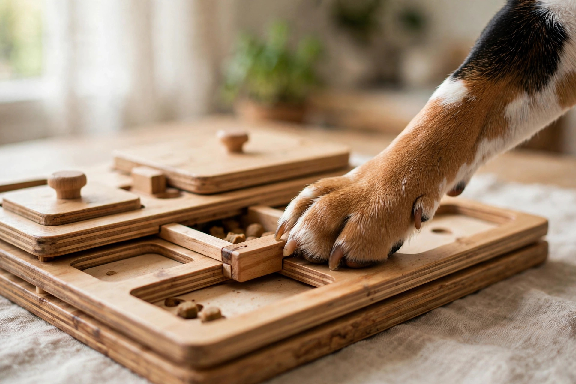 Beagle dog using its paw to slide compartments on an interactive dog puzzle board with hidden treats
