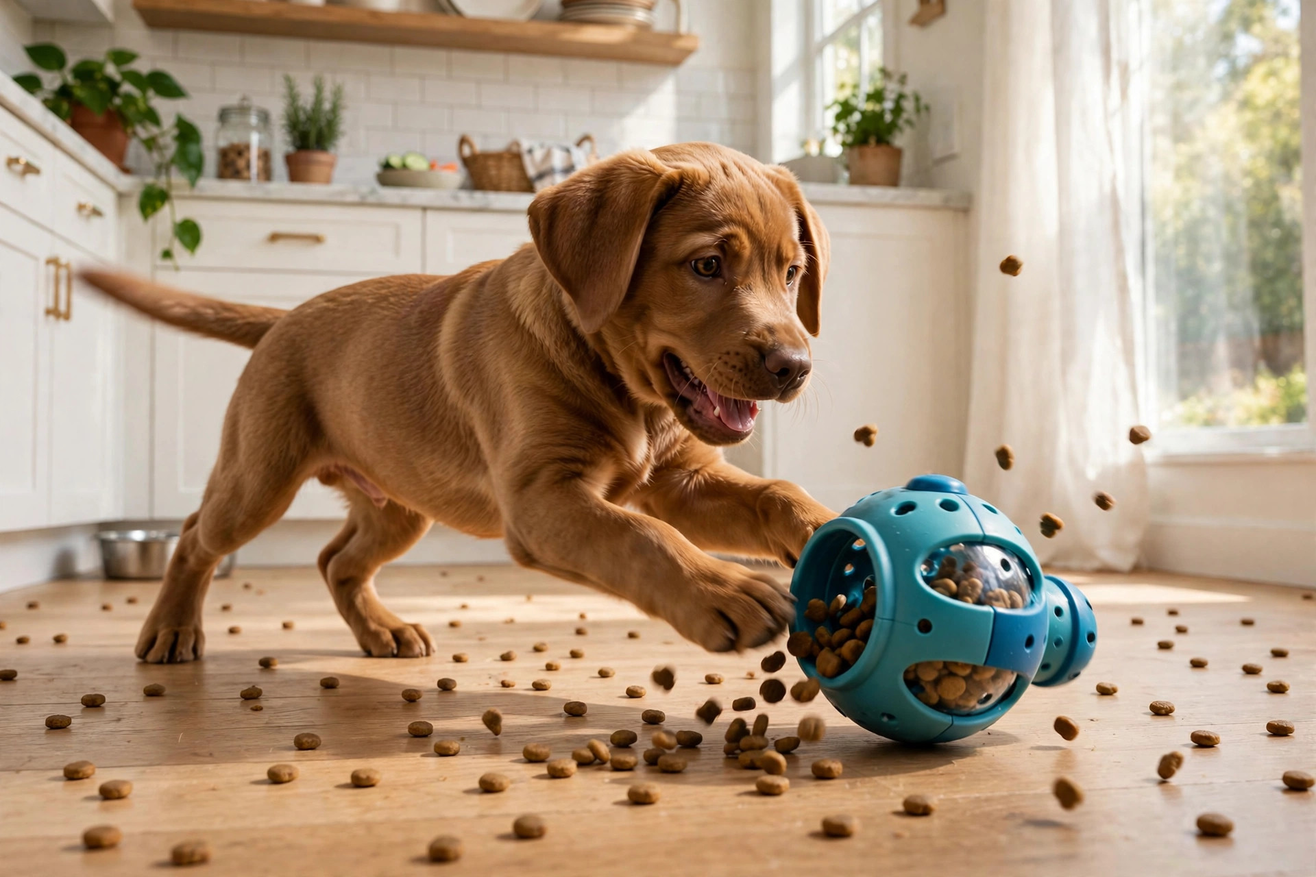Labrador puppy rolling a wobbling treat-dispensing puzzle toy with kibble falling out on a kitchen floor