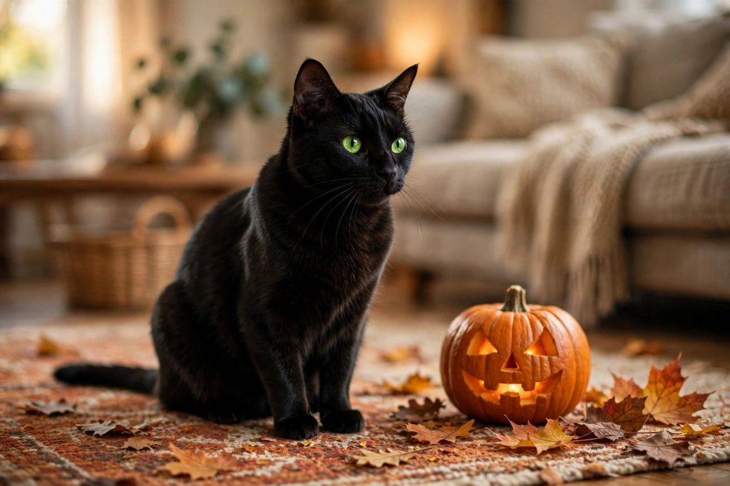 Sleek black cat with green eyes sitting by a carved jack-o'-lantern — black cat adoption myths guide