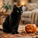 Sleek black cat with green eyes sitting by a carved jack-o'-lantern — black cat adoption myths guide