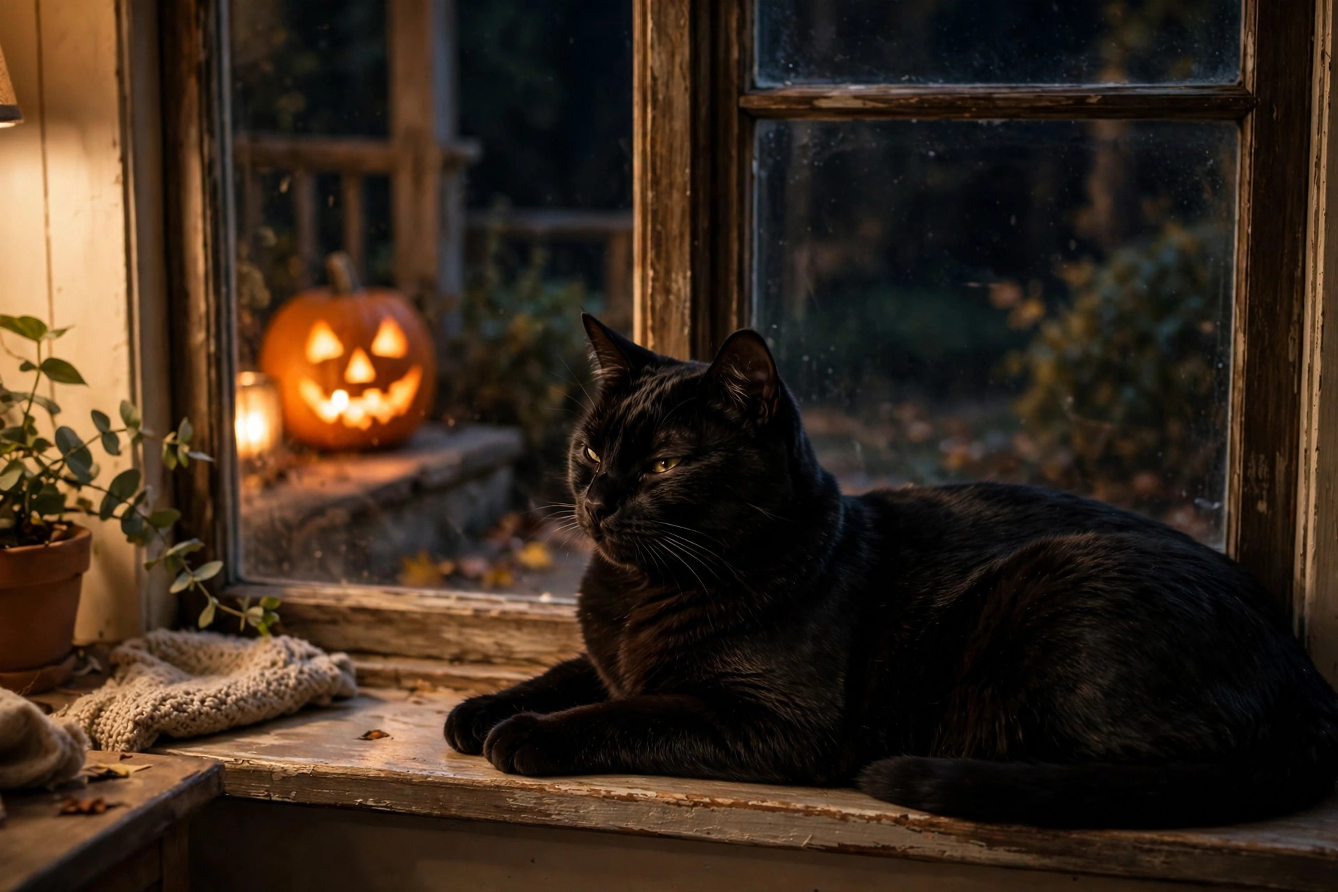 Black cat relaxing safely indoors on a windowsill with a glowing jack-o-lantern outside on Halloween night