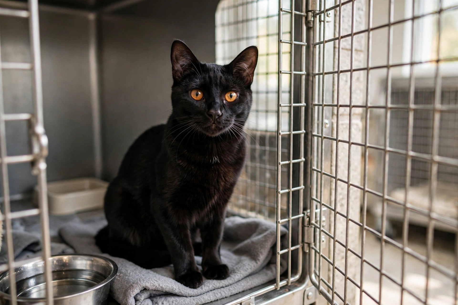 Sleek black cat with amber eyes looking out of an animal shelter kennel waiting for adoption