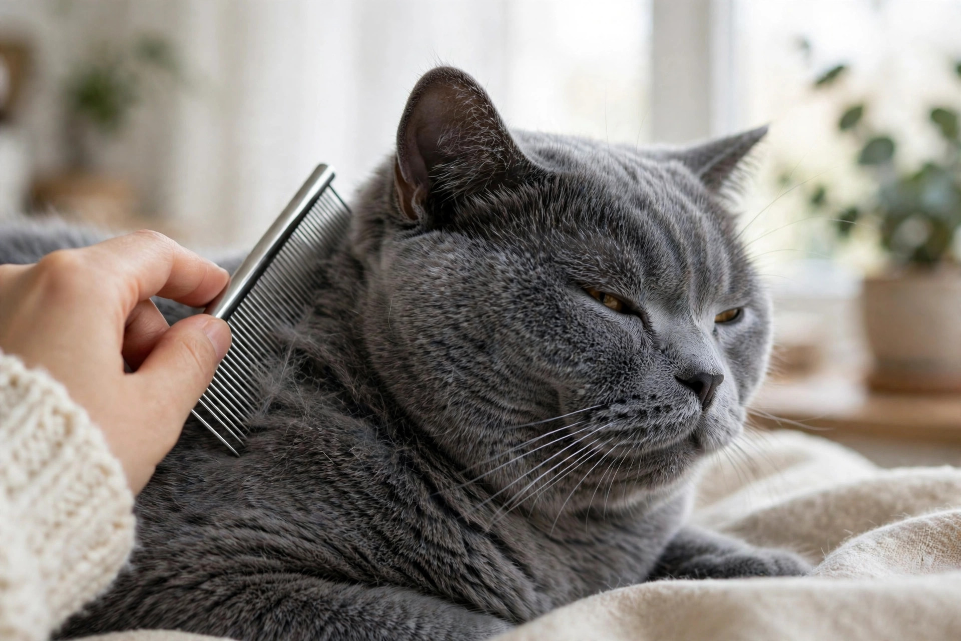 Owner gently brushing a blue British Shorthair cat's dense plush coat with a metal comb during weekly grooming