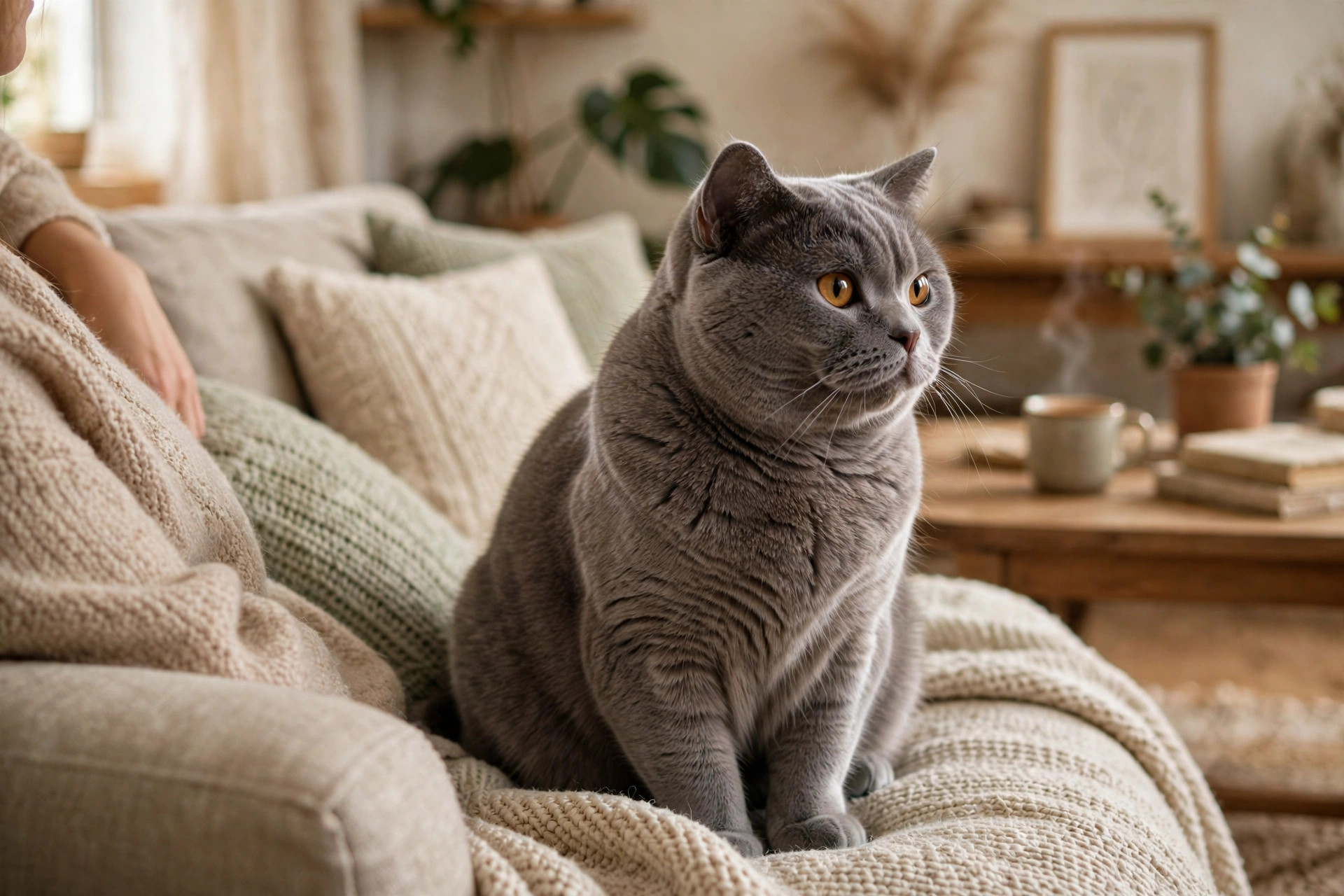 Calm blue British Shorthair cat sitting near its owner on a couch, showing the breed's relaxed independent temperament