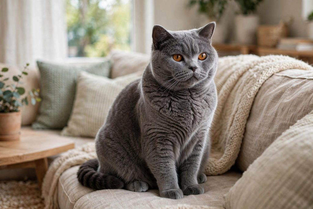 Blue British Shorthair cat portrait with amber eyes