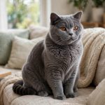 Blue British Shorthair cat portrait with amber eyes
