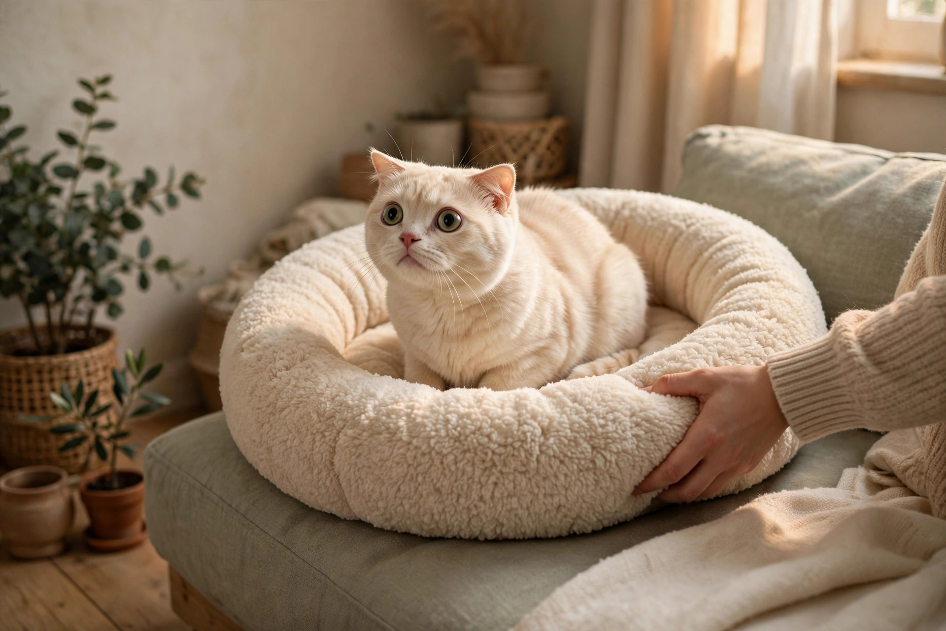 Nervous cream-colored cat settling into a round plush calming cat bed with a raised rim