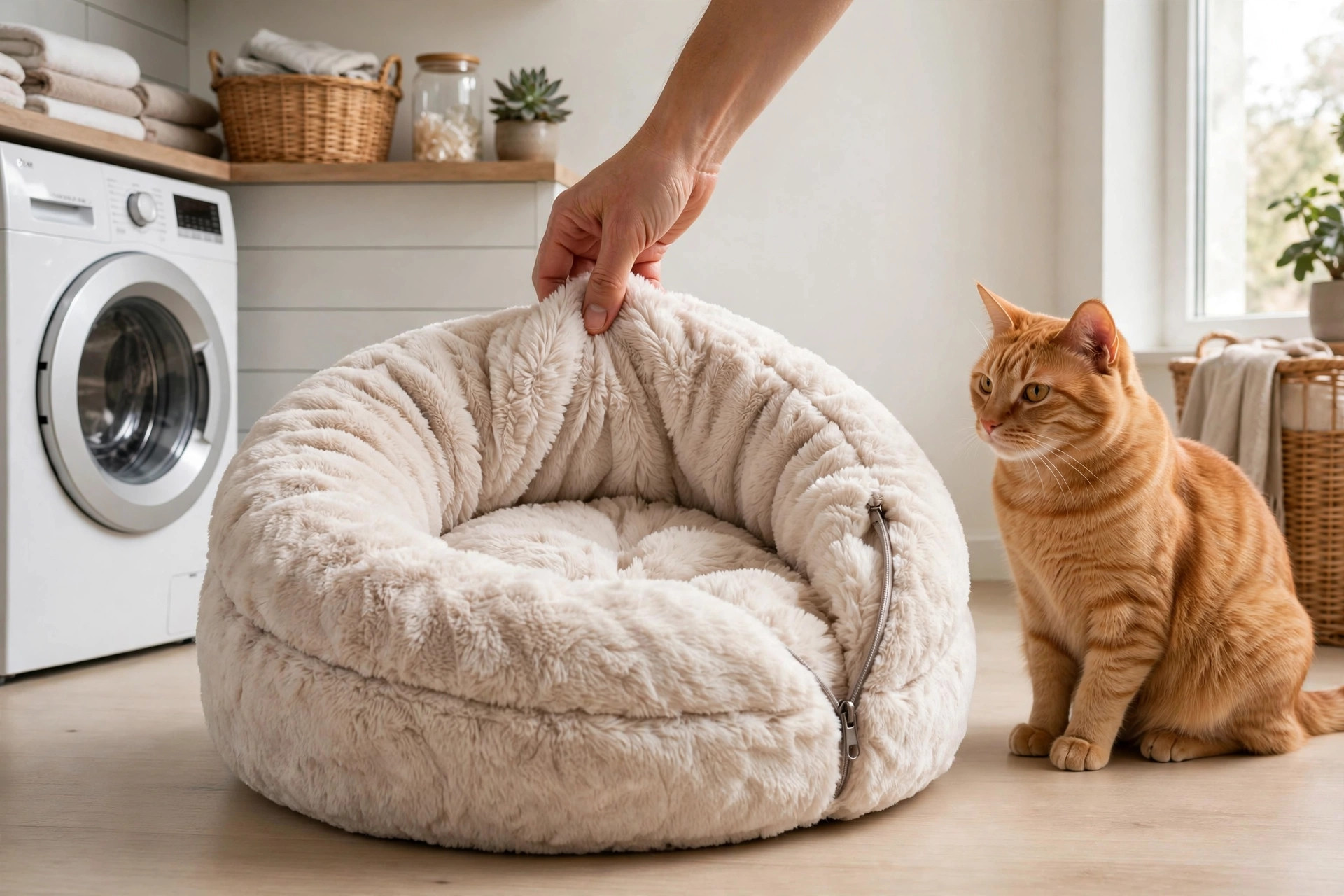 Person fluffing a round calming cat bed next to a washing machine while a cat watches