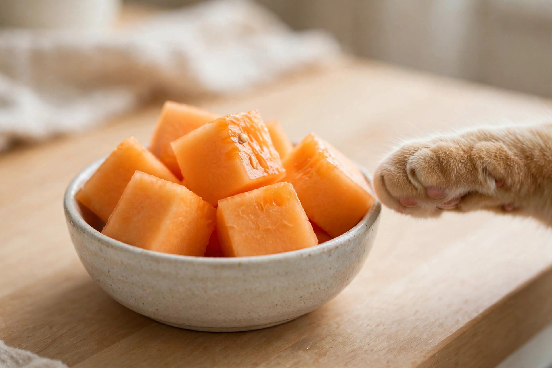 Fresh cantaloupe cubes in a small bowl, safely prepared as an occasional treat for cats